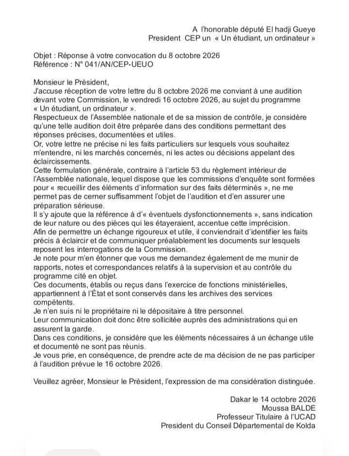 Une copie de la lettre de l'ancien ministre de l'Enseignement supérieur, Moussa Baldé.